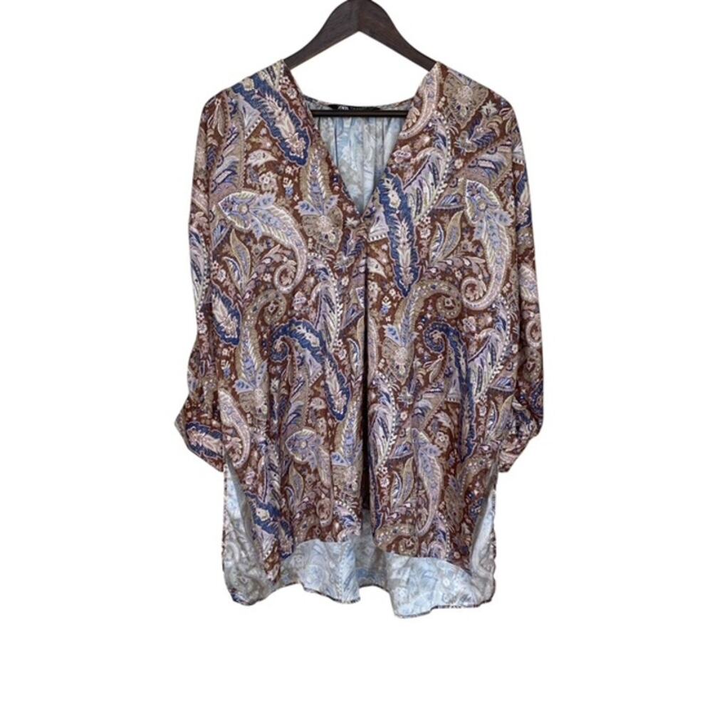 Zara Brown, Blue and Green Paisley Oversized Silky Blouse - Medium